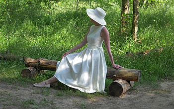 Woman in White, white, log, dress, hat, woman HD wallpaper