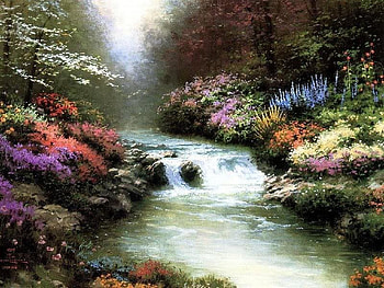 Fantasy River, trees, river, sky, flowers HD wallpaper