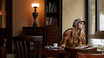 Anastasiya Scheglova Girl Model Is Looking Outside Wearing Brown Dress Sitting In Bookshelf Background Girls HD wallpaper