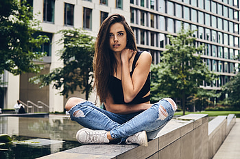 Brunette, girl model, teared jeans, sit HD wallpaper
