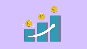 Euro currency growth depicted with bar chart and euro coins on purple background. HD wallpaper
