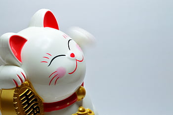 Close-up of a white Maneki Neko figurine with a raised paw symbolizing luck and fortune. HD wallpaper