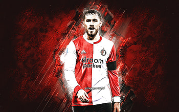 Orkun Kokcu, Feyenoord, Turkish football player, portrait, red stone background, football, Turkey HD wallpaper