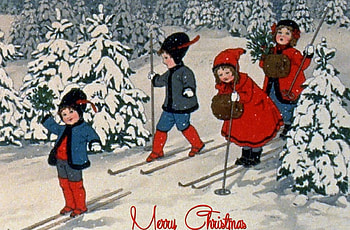 Christmas Ski Time, winter, children, December, art, beautiful, skiing, illustration, artwork, scenery, occasion, wide screen, holiday, painting, Christmas, snow HD wallpaper