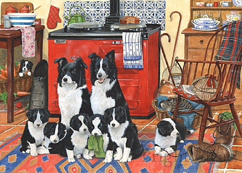 Border Collie family in the kitchen, dog, art, kitchen, cute, puppy, painting, family, border collie, pictura HD wallpaper