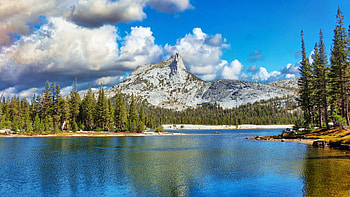 Lower Cathedral Lake and Peak - Yosemite, California, sky, mountains, usa, landscape, trees, clouds HD wallpaper