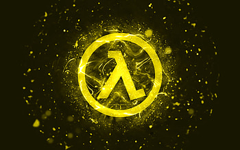 Half-Life yellow logo, , yellow neon lights, creative, yellow abstract background, Half-Life logo, games logos, Half-Life HD wallpaper