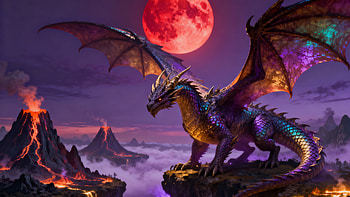 Dragon With Red Moon And Volcanoes, dragon, red, moon, volcano, artist, artwork, art, digital-art, ai, deviantart HD wallpaper