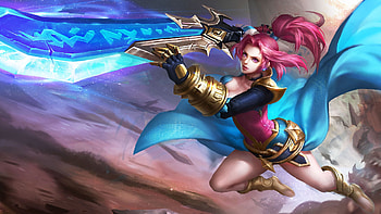 Hua Mulan, blue, king of glory, sword, girl, pink, fantasy, game, luminos HD wallpaper
