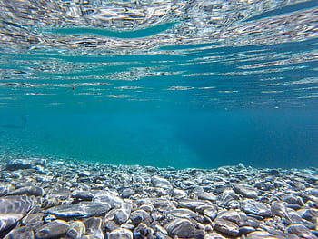 A clear underwater shot showcasing a rocky ocean floor with vibrant blue waters. HD wallpaper