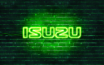 Isuzu green logo, , green brickwall, Isuzu logo, cars brands, Isuzu neon logo, Isuzu HD wallpaper