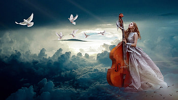 Heavenly Music, Firefox theme, clouods, music, fantasy, heaven, sky, doves, woman HD wallpaper