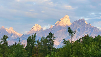 Grand Teton Mountains during sunrise, Wyoming, peaks, clouds, landscape, trees, sky, usa HD wallpaper