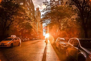 Silhouette of a cyclist during sunset on a New York City street with urban buildings and cars. HD wallpaper