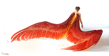 Descendant of Vermillion bird, wings, bird, angel, girl, vermillion, al fili, fantasy, red, alena filimonova, luminos HD wallpaper