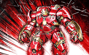 Hulkbuster, grunge art, superheroes, Marvel Comics, red abstract rays, The Hulkbusters, Hulkbuster HD wallpaper