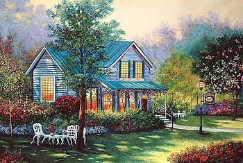 Sunday Relief, chairs, table, painting, garden, trees, cottage, flowers HD wallpaper