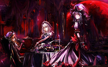 Touhou, wings, tee, moon, girl, church, vampire, hat HD wallpaper