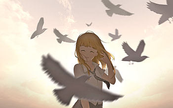 School girl, uniform, outdoor, birds, anime girl HD wallpaper