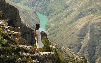 Canyon in Russia, river, girl, canyon, Russia, stairs HD wallpaper