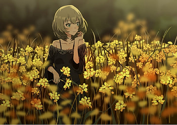 Flowered Filed, black, cute, dress, beauty, lady, female, sunset, sweet, girl, beautiful, woman, anime girl, anime, pretty, field, yellow, flowers, lovely HD wallpaper