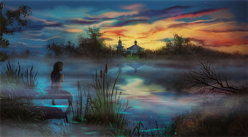 Foggy Morning, church, sunrise, pond, clouds, girl, sky HD wallpaper