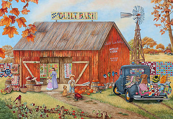 Quilt Barn, autumn, leaves, vintage, car, painting HD wallpaper