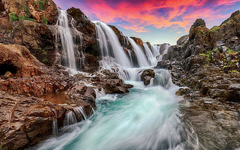 Kolufossar Waterfall, Iceland, river, colors, cascades, sky, cliff, rocks, sunset HD wallpaper