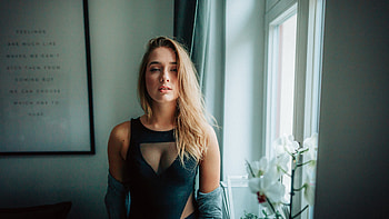Blonde Girl Model Is Wearing Black Dress Standing In White Wall Curtain Background Girls HD wallpaper