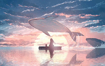 Girl And Cat Watching Sky Whales, dreamy, cat, whale, artist, artwork, digital-art, pixiv HD wallpaper