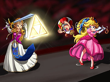zelda vs peach, videogame, peach, nintendo, triforce, girl, toad, zelda, video games, women, coins, princess, female HD wallpaper