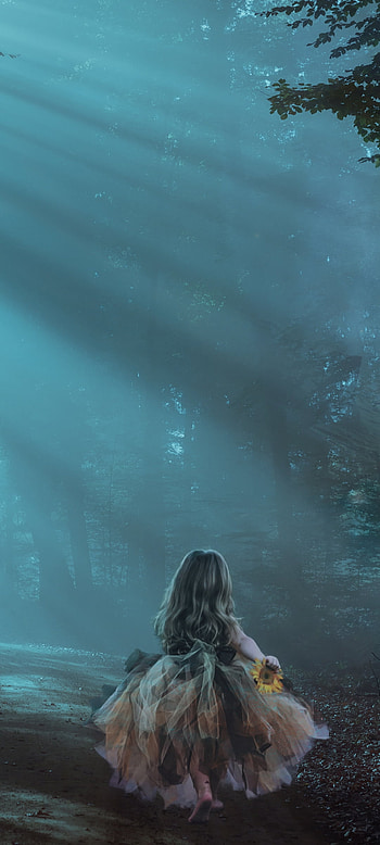 Little Girl alone at Night in Misty Forest, night, alone, little girl, fantasy, child HD phone wallpaper