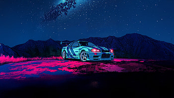 Gtr Skyline Reflection Cyberpunk Night Scene With Milky Way, nissan, nissan-gtr, cars, stars, sky, purple, land, mountains, ai, artist HD wallpaper