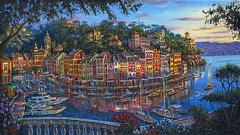 Portofino Splendor by Robert Finale, artwork, sea, painting, town, boats, mediterranean, italy, houses HD wallpaper