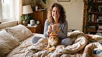 Cozy Morning — Coffee, Cat Cuddles & Warm Light HD wallpaper