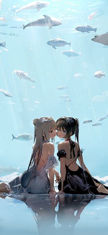 dress, black hair, white hair, fish, underwater, Anime, Original HD phone wallpaper