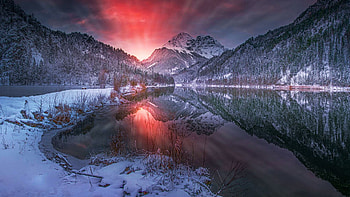 Enns River, Styria, Austria, reflection, snow, trees, alps, mountains, water, sunset, winter, landscape, sky HD wallpaper