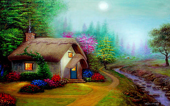 MOONLIGHT NIGHT, painting, moon, garden, Vishalandra Dakur, cottage, fineart, stream HD wallpaper