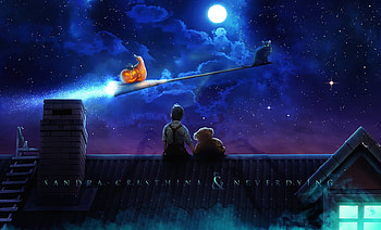 Happy Halloween!, night, blue, cat, roof, sandra christina, halloween, pisici, moon, neverdying, fantasy, teddy, boy, pumpkin, luna, sky HD wallpaper