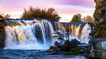 Lundbreck Falls, Alberta with setting moon, river, trees, cascades, sky, canada HD wallpaper