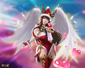 Christmas angel, blue, wings, white, craciun, girl, angel, shaobing wang, pink, fantasy, christmas, red, game, luminos, santa, hat HD wallpaper