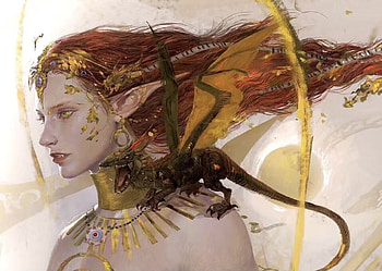 Elf and dragon, golden, fantasy, art, man, face, dragon, jiaben, elf HD wallpaper