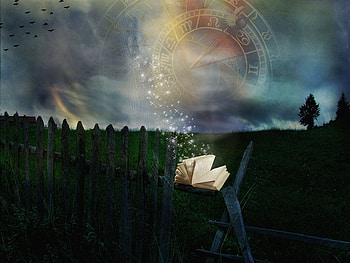 My Fantasy Story, book, moon, fantasy, magical, fence, trees, sky, grass HD wallpaper