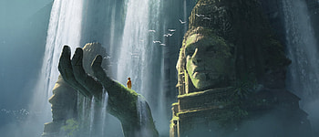 The ancient ones, bird, art, man, ancient, hand, fantasy, ruins, waterfall, stone, world, jessica woulfe, luminos, giant HD wallpaper
