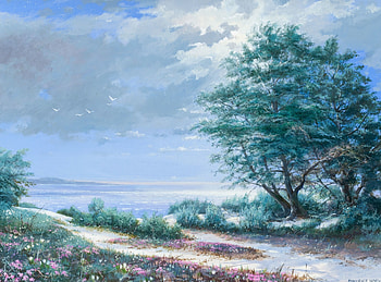Summer, blue, sea, bird, seagull, art, Maurice Harvey, tree, day, painting, green HD wallpaper