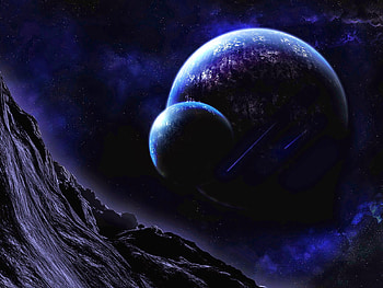 Blue meteors, darkness, planets, meteors, clouds, space, stars, rock HD wallpaper