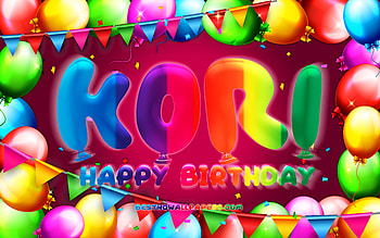 Happy Birtay Kori, , colorful balloon frame, Kori name, purple background, Kori Happy Birtay, Kori Birtay, popular american female names, Birtay concept, Kori HD wallpaper
