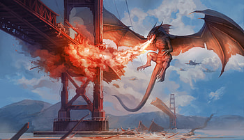 Dragon vs Golden gate Bridge, fantasy, dragon HD wallpaper