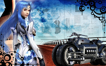 robot, motorcycle, girl, road HD wallpaper
