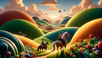 Horseback Riding Adventure in Vibrant Fantasy Landscape -, horseback riding, landscape, hill, horse, colorful HD wallpaper